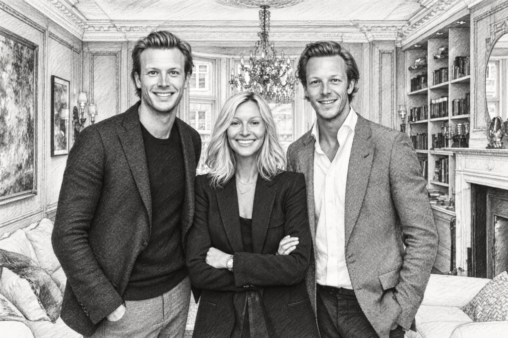 Three adults standing together in a bright interior.