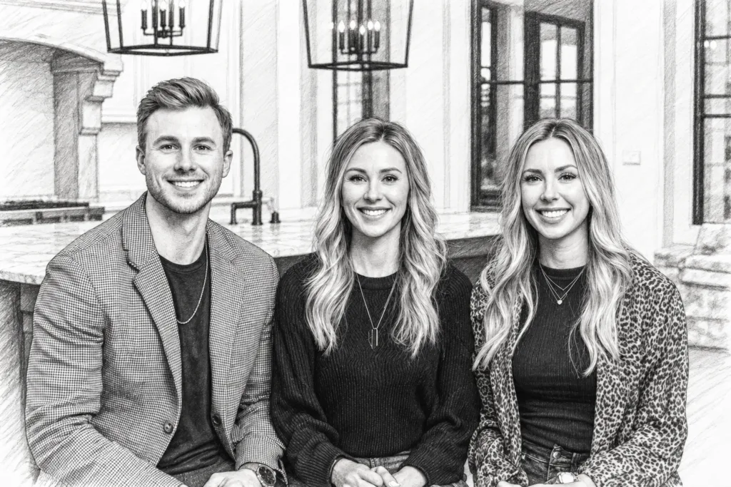 Three adults standing together in a formal interior.
