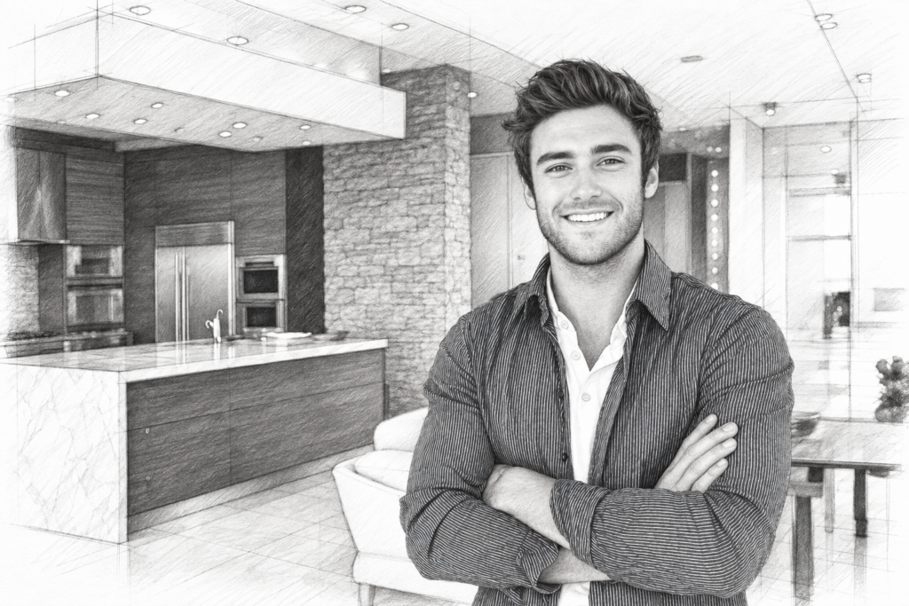 Luxury Real Estate Client Onboarding That Wins Loyalty And Referrals 1 Smiling man standing with folded arms in a bright kitchen.