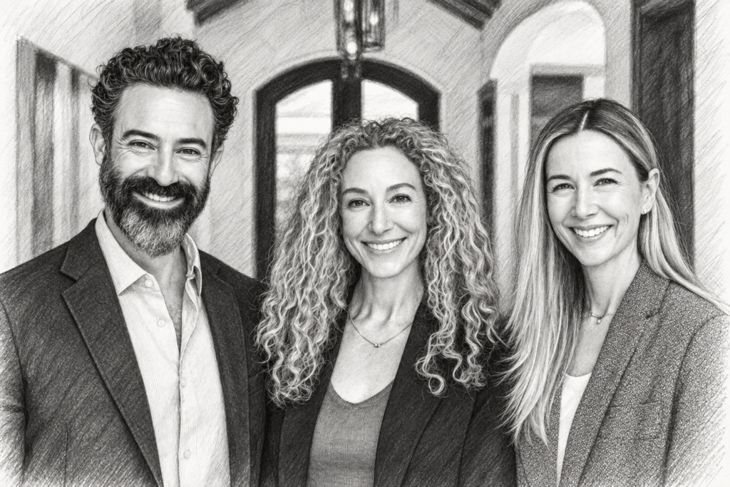 Resilience Strategies For Luxury Real Estate Teams That Prevent Burnout 1 Three adults standing together in a bright interior.