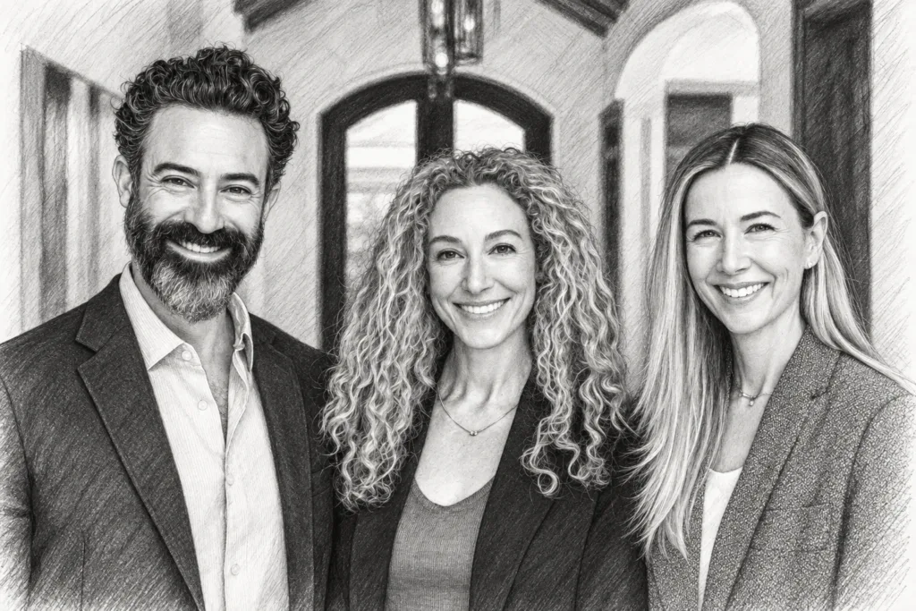 Three adults standing together in a bright interior.