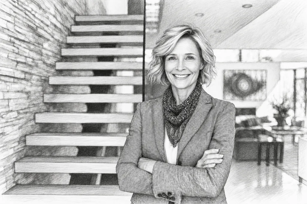 Luxury Real Estate Performance Culture: Disruptive Ecosystems That Scale 1 Smiling woman standing beside a floating stair in a bright interior.