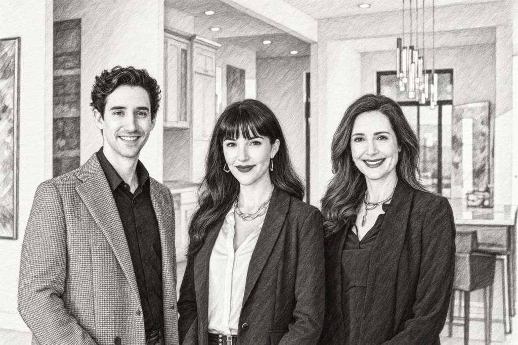 Three professionals standing together in a modern interior.