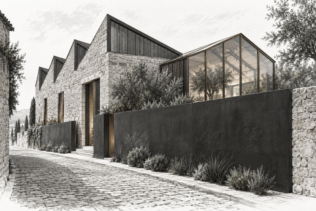 Luxury Real Estate Talent Attraction: The Brokerage As Innovation Hub 1 Residence with adaptive reuse house, sawtooth roof, workshop volume and courtyard wall.