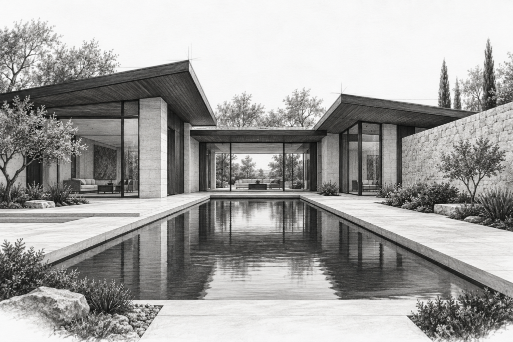 U-shaped residence with a reflecting pool and three roof planes.