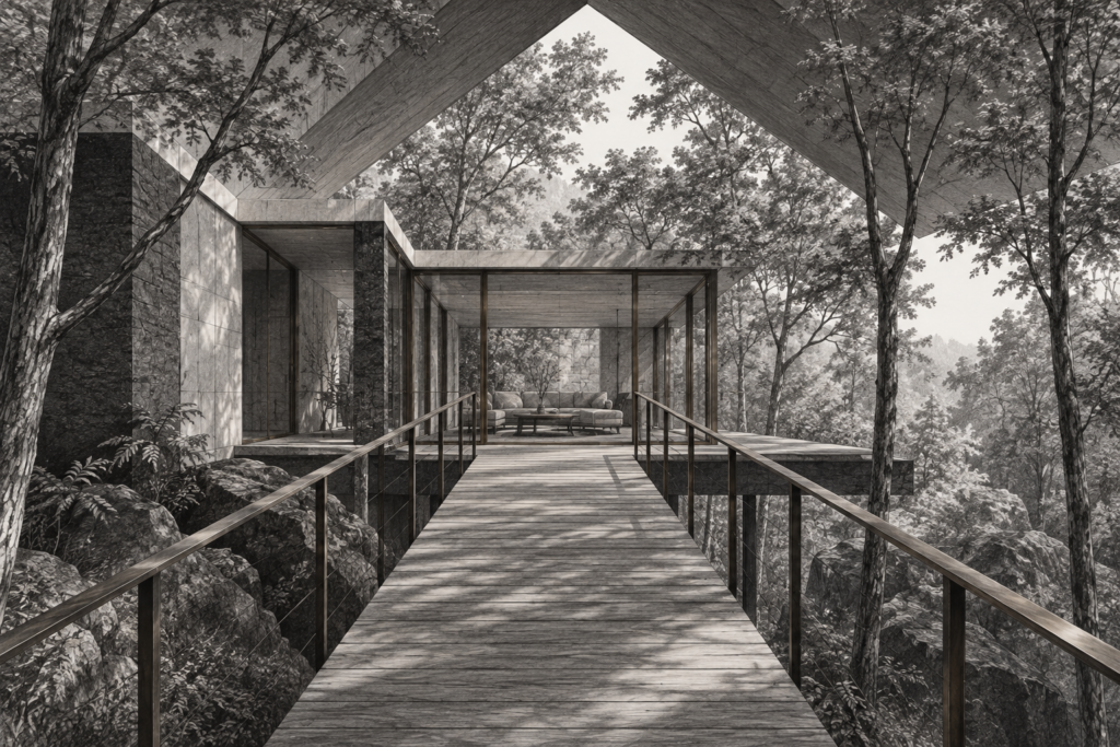 Mental Health Systems For Luxury Real Estate Teams That Scale Profit 1 Forest residence with an elevated timber walk, glazed winter room and triangular roof cut.