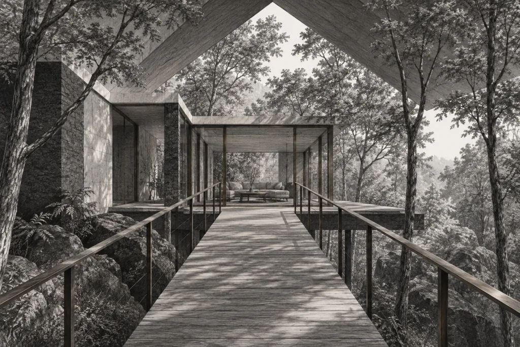 Forest residence with an elevated timber walk, glazed winter room and triangular roof cut.