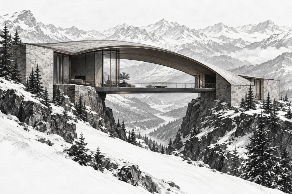 Emerging Luxury Real Estate Markets: How Elite Agents Find Them First 1 Residence with arched roof shell, suspended valley balcony, diagonal snow path and valley view.