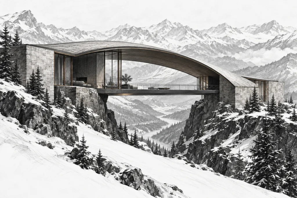 Residence with arched roof shell, suspended valley balcony, diagonal snow path and valley view.