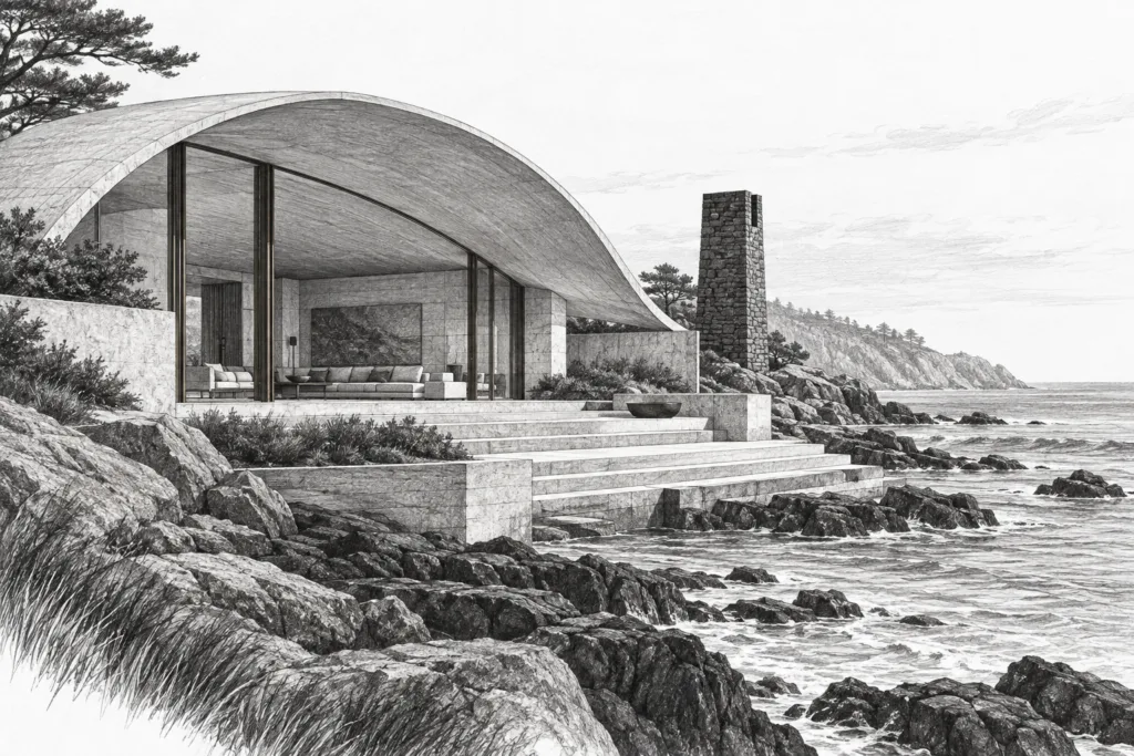 Coastal residence with a vaulted shell, tide terrace, and stone chimney.