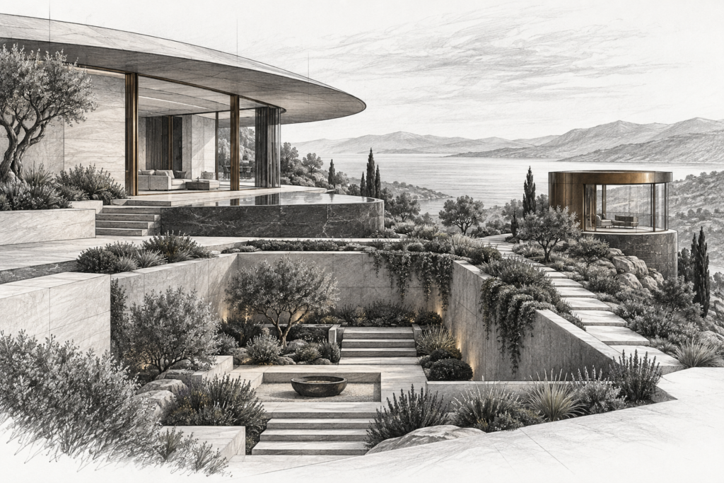 Luxury Real Estate Networking Strategies For Off-Market Dominance 1 Residence with elliptical roof, sunken garden, detached lookout and contour path.