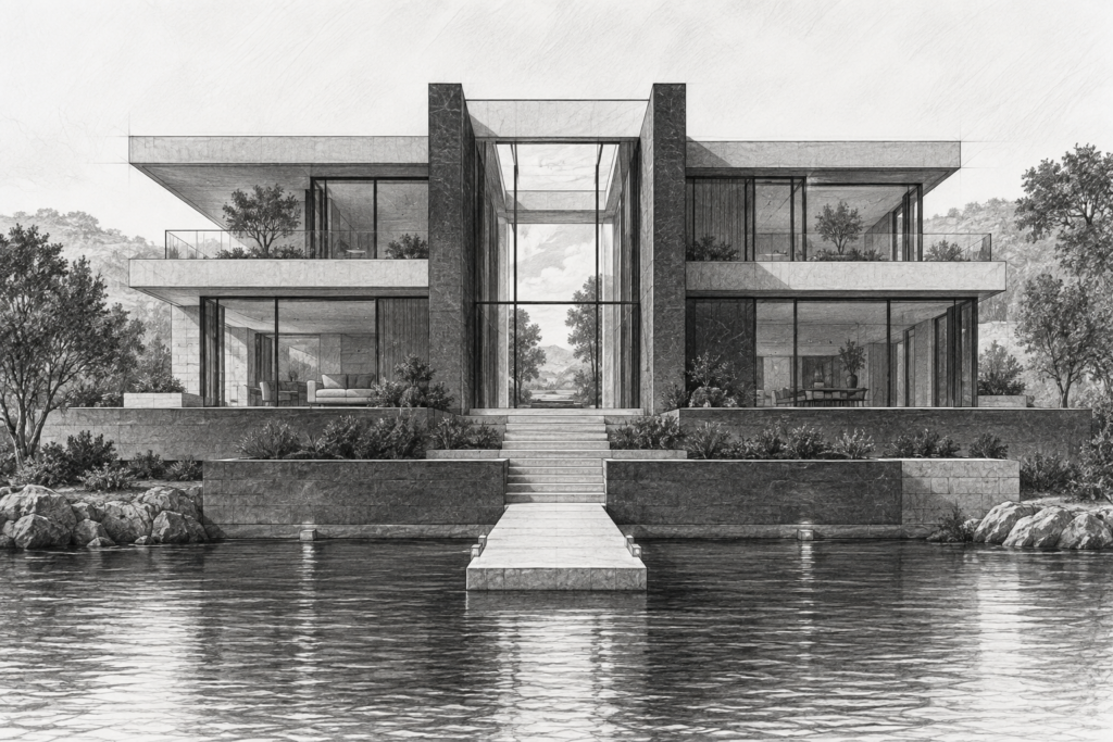 Zero-Friction Luxury Real Estate Transactions: Operating System For Elite Teams 1 River residence with stepped terraces, a daylight opening, and linear entry.