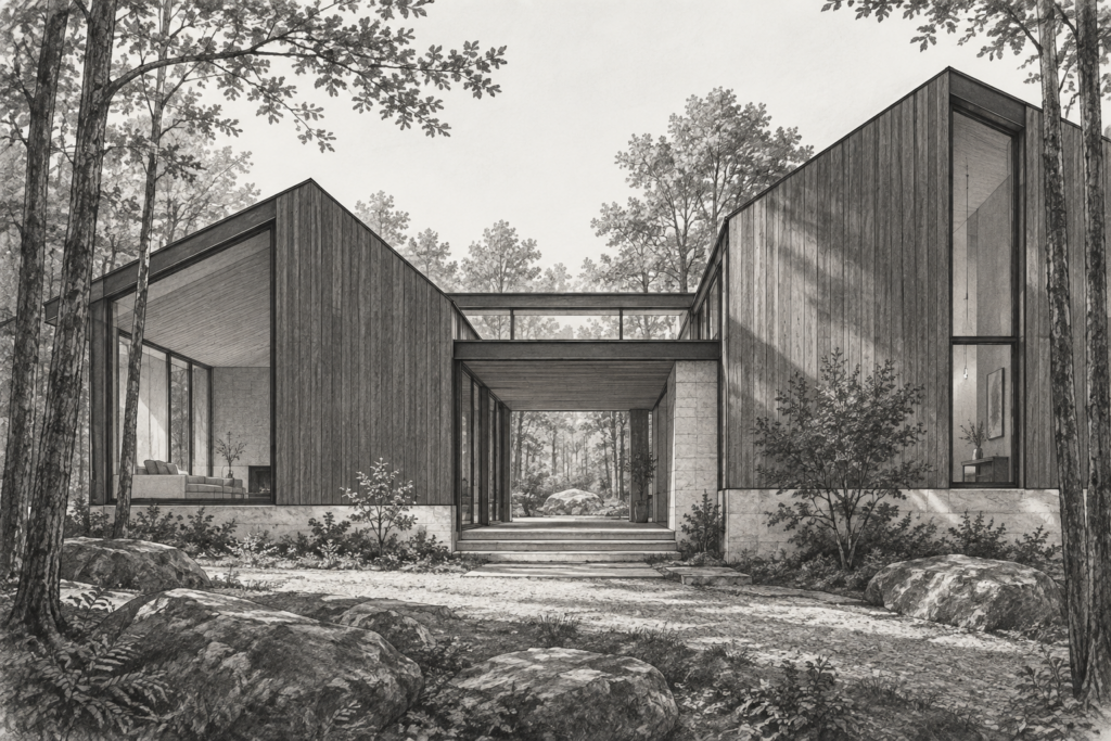 Residence with forest house, offset timber volumes, covered walk and clerestory.