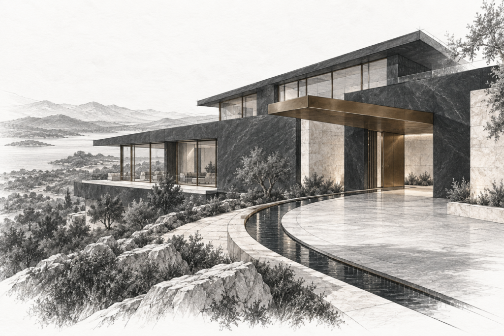 Residence with ridge house, canopy, crescent terrace and water rill.
