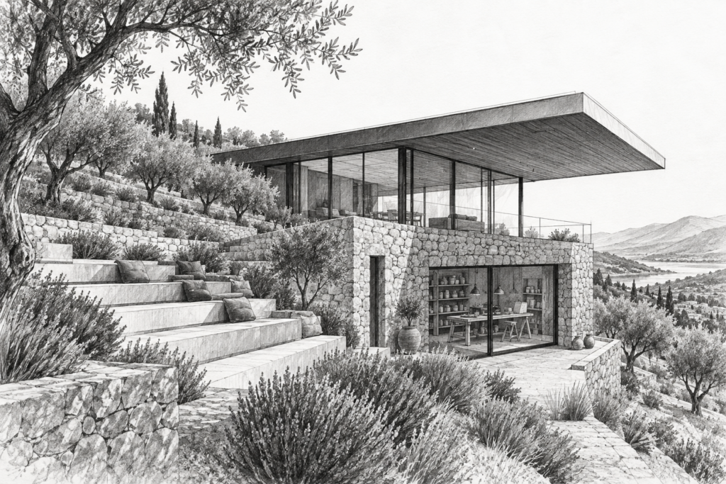 Meadow residence with a cantilevered roof, stone workshop, and orchard.