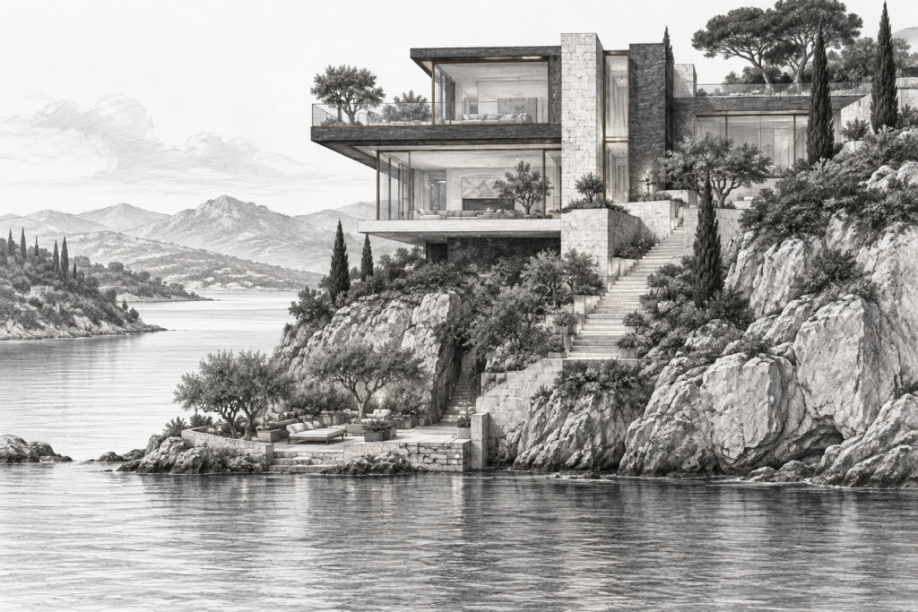 Luxury Real Estate Sales Feedback: Build Loops That Raise Profit 1 Residence with river mouth, stacked galleries, cliff stair and quiet inlet.