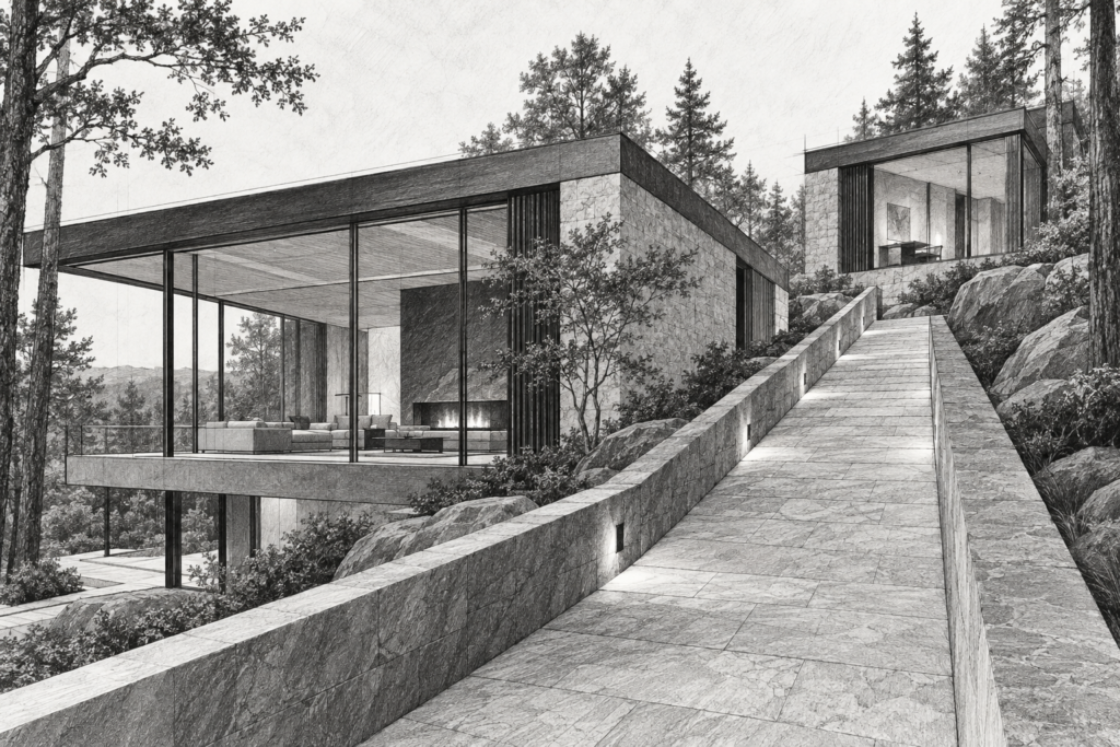 Luxury Real Estate Team Collaboration: Unconventional Hacks That Scale 1 Forest residence with split levels, a stone ramp, and glazed wing.