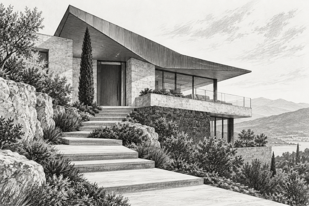 Luxury Real Estate Agent Recognition That Retains Elite Brokerages 1 Residence with a folded roof and stone terrace.