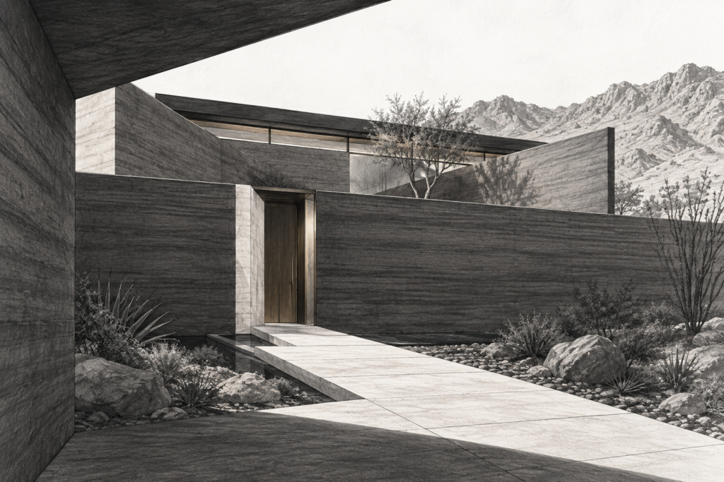 Luxury Real Estate Innovation Strategies: Disrupt Or Get Replaced 1 Residence with rammed earth wall, triangular wind court, clerestory strip and stone entry ramp.
