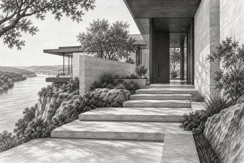 Luxury Real Estate Client Experience: Unorthodox Loyalty Systems 1 River-cliff residence with a stepped entry and quiet garden.