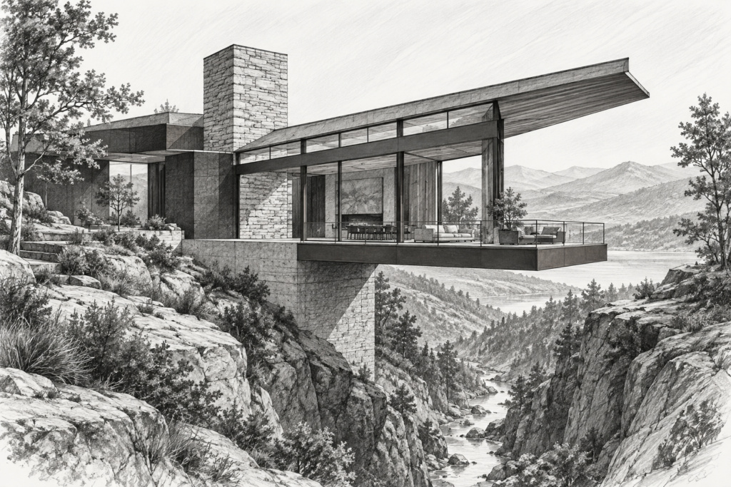 Luxury Real Estate Team Performance: Unconventional Dynamics That Scale 1 Ridge residence with a clerestory roof, freestanding chimney and suspended balcony overlooking a ravine.