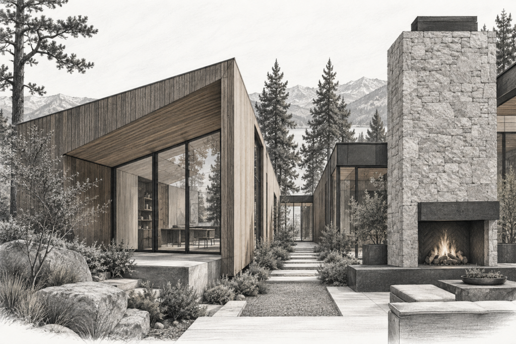 Residence with retention residence, pine ridge, folded studio and stone fireplace.
