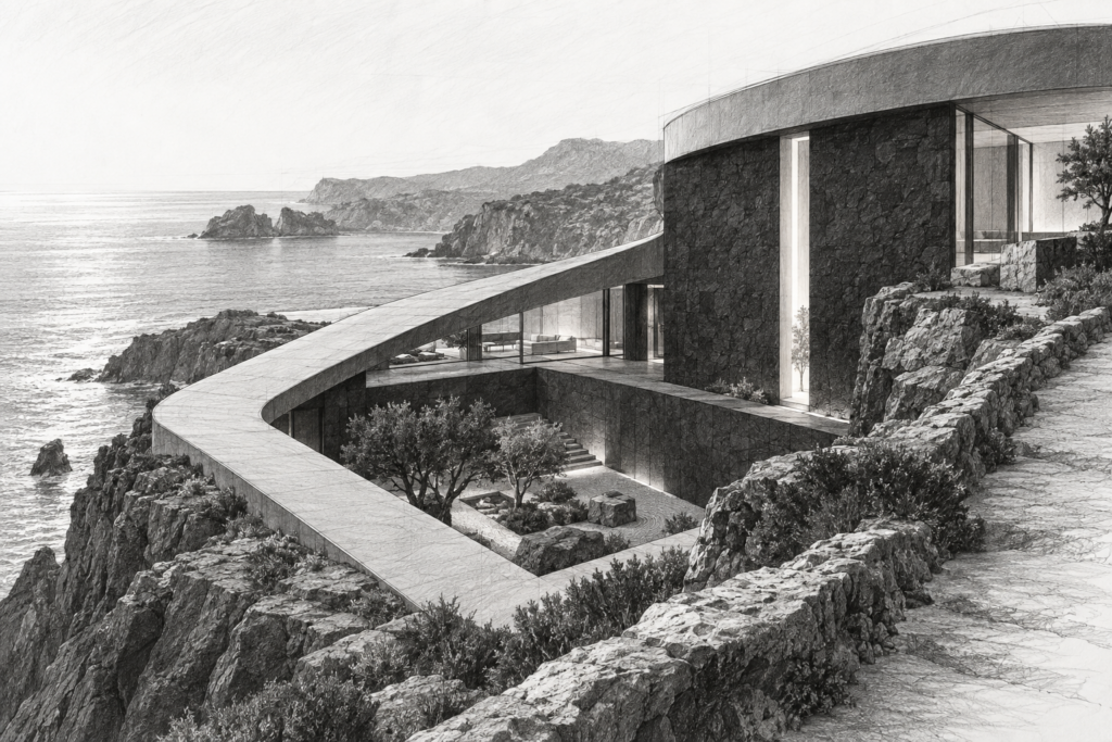 Basalt residence with a ribbon roof, sunken court, and light slot.