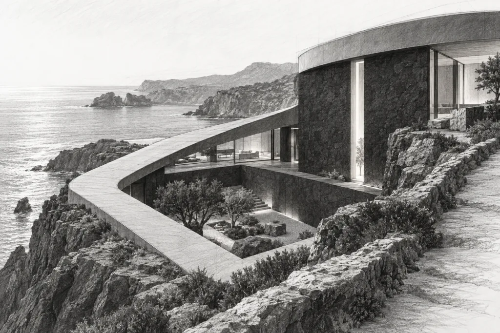 Basalt residence with a ribbon roof, sunken court, and light slot.
