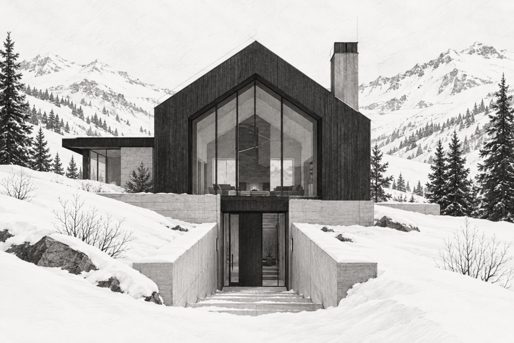 Luxury Real Estate Thought Leadership: Unconventional Authority For 2025 1 Snowfield residence with a gabled roof, chimney and sunken entry path.