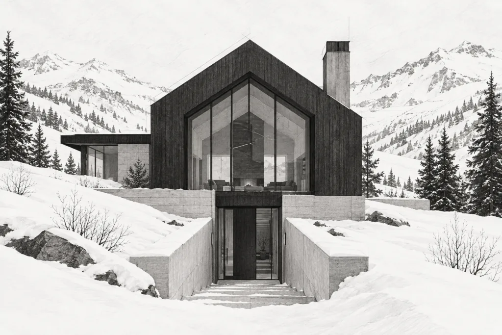 Luxury Real Estate Thought Leadership: Unconventional Authority For 2025 1 Snowfield residence with a gabled roof, chimney and sunken entry path.