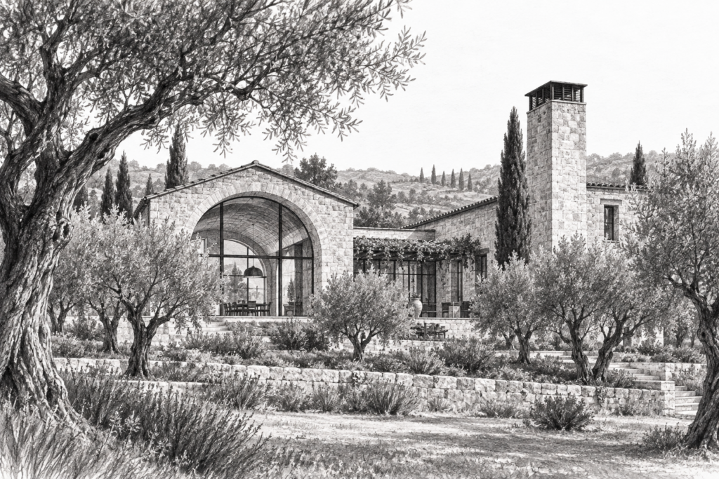 Stone residence with arched openings, a tower, and planted courtyard.