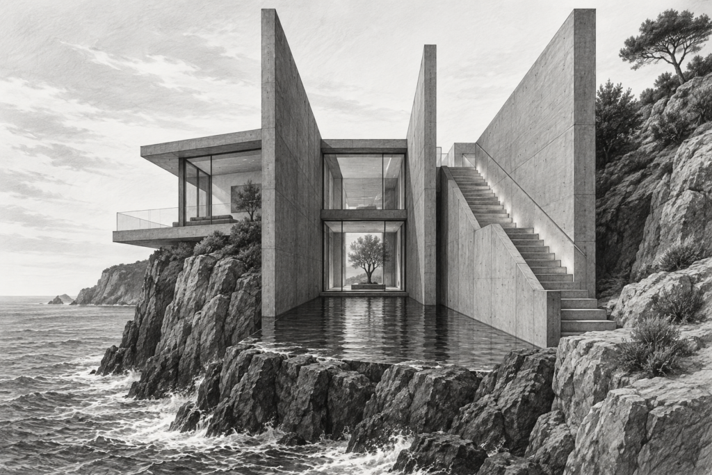 Luxury Real Estate Investment Strategies For Brokerage-Scale Leaders 1 Cliff residence with parallel concrete walls, deep water court and sea stair.