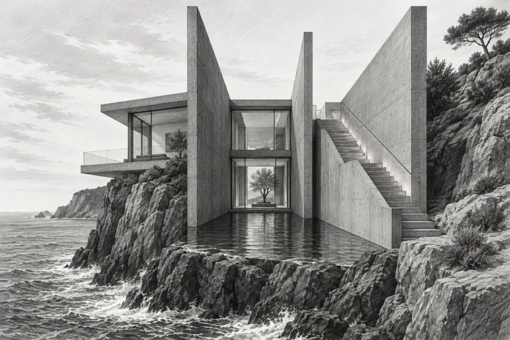 Luxury Real Estate Investment Strategies For Brokerage-Scale Leaders 1 Cliff residence with parallel concrete walls, deep water court and sea stair.