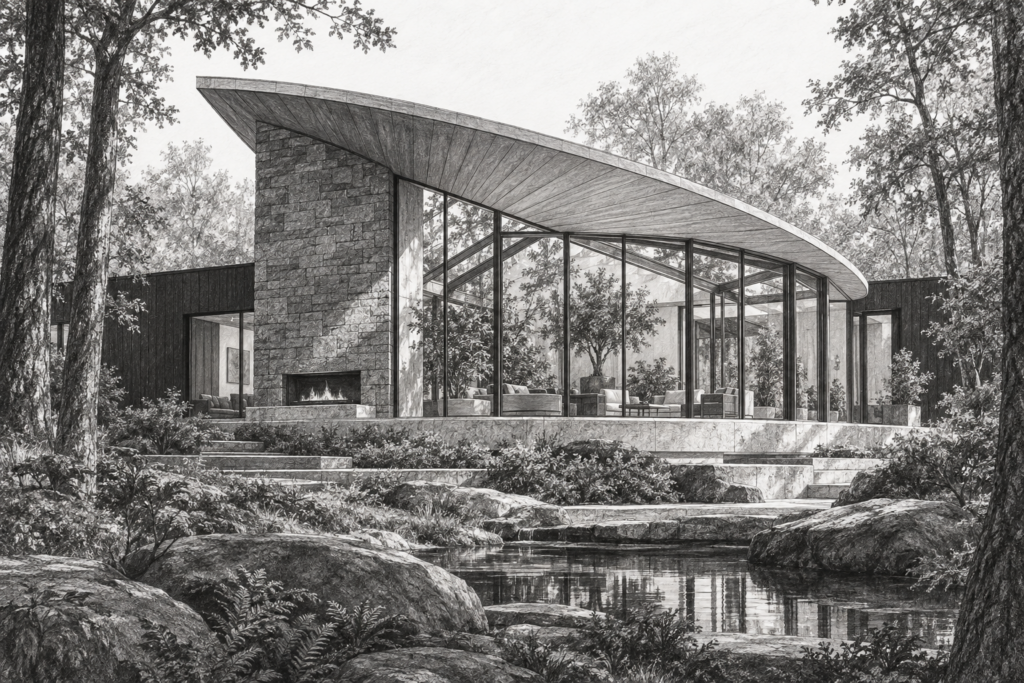 Data-Driven Client Archetypes For Luxury Real Estate: Scale Profitably 1 Residence with a curved roof, glazed living room, and reflecting pool.