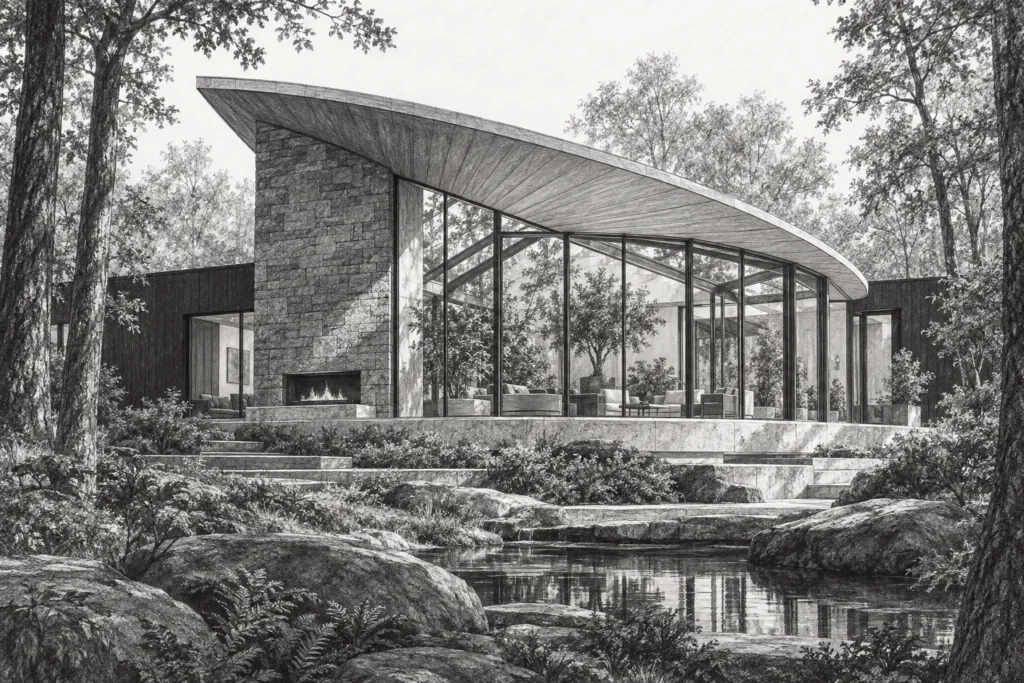 Data-Driven Client Archetypes For Luxury Real Estate: Scale Profitably 1 Residence with a curved roof, glazed living room, and reflecting pool.