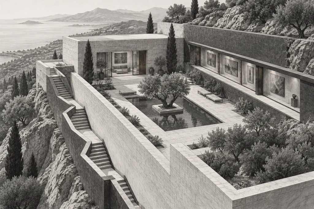 Luxury Real Estate Personal Branding Strategy: Unconventional Tactics 1 Hillside residence with a rectangular reading court, picture gallery and zigzag exterior stair.