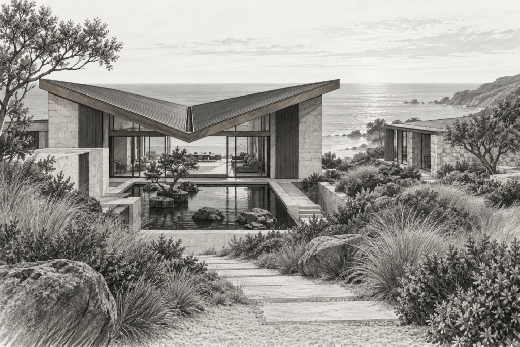 Luxury Real Estate Video Marketing Strategy For Brokerage-Scale Growth 1 Residence with inverted gable roof, sunken basalt water garden, detached stone wing and dune view.