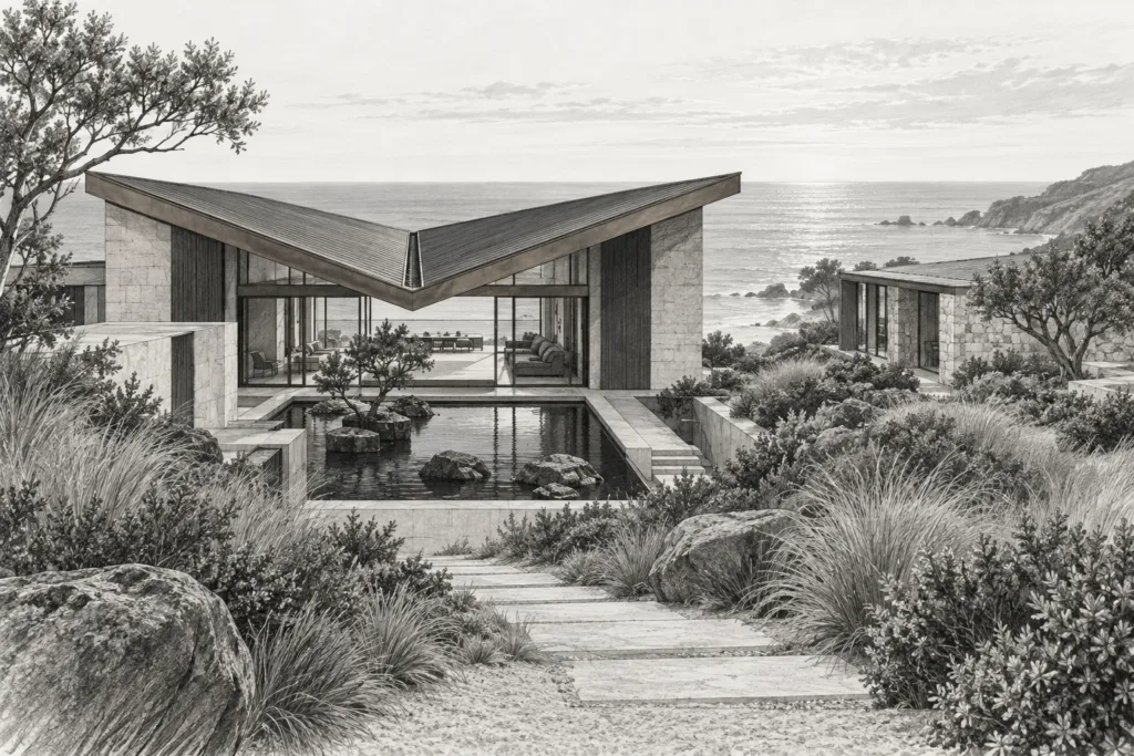 Residence with inverted gable roof, sunken basalt water garden, detached stone wing and dune view.