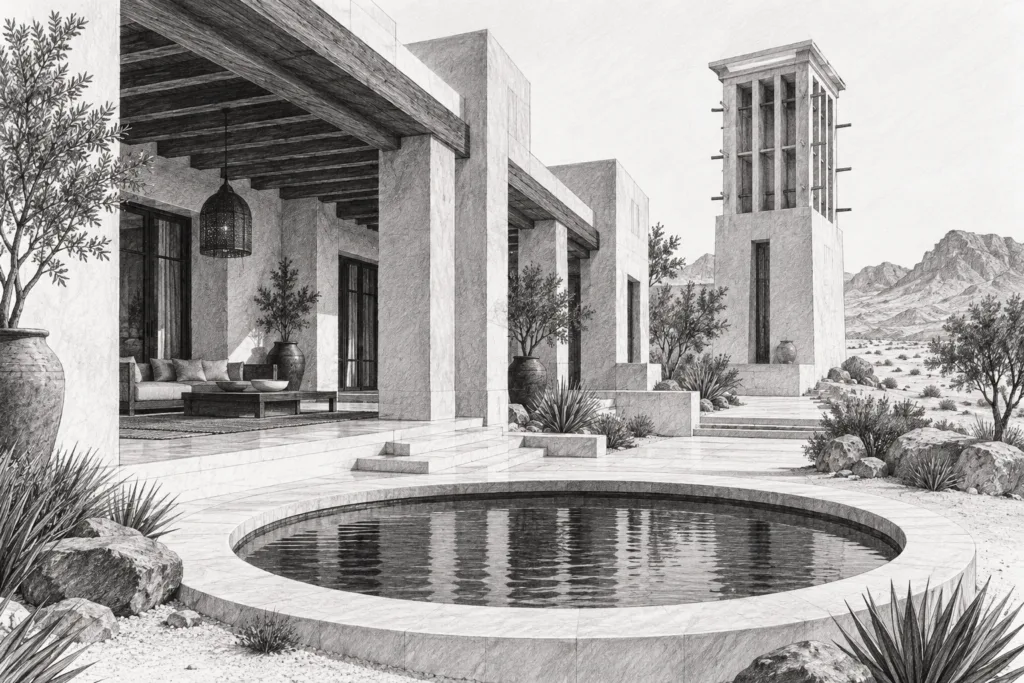 Luxury Short-Term Rental Strategies: Unconventional Revenue For Elite Agents 1 Residence with a circular pool, columned court, and tower.