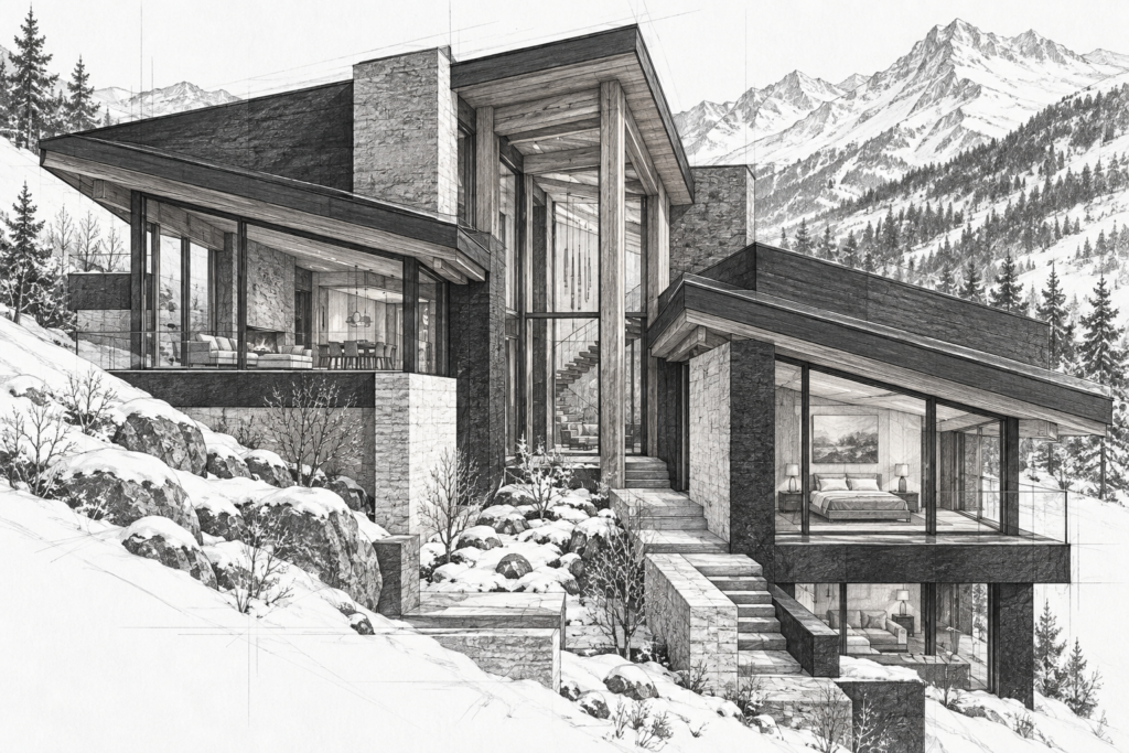 Behavioral Accountability Metrics Luxury Real Estate Teams Use To Scale 1 Alpine residence with split-level roofs, an exposed timber spine and narrow snow garden.