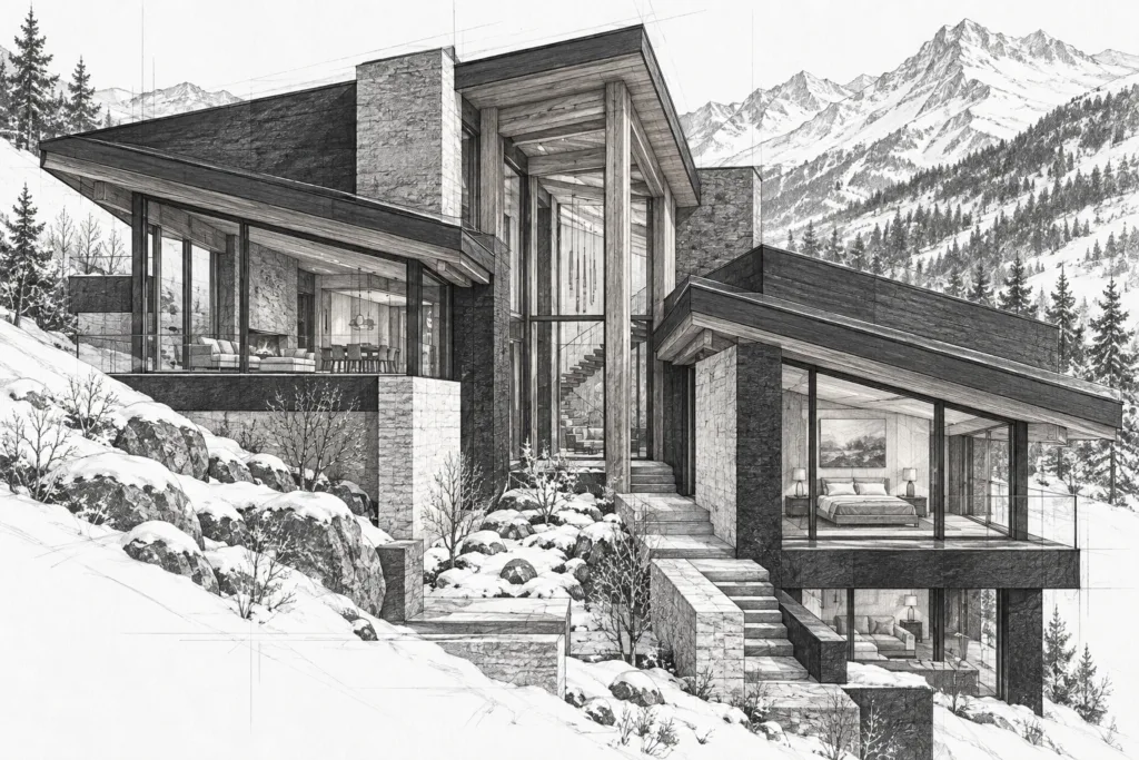 Alpine residence with split-level roofs, an exposed timber spine and narrow snow garden.
