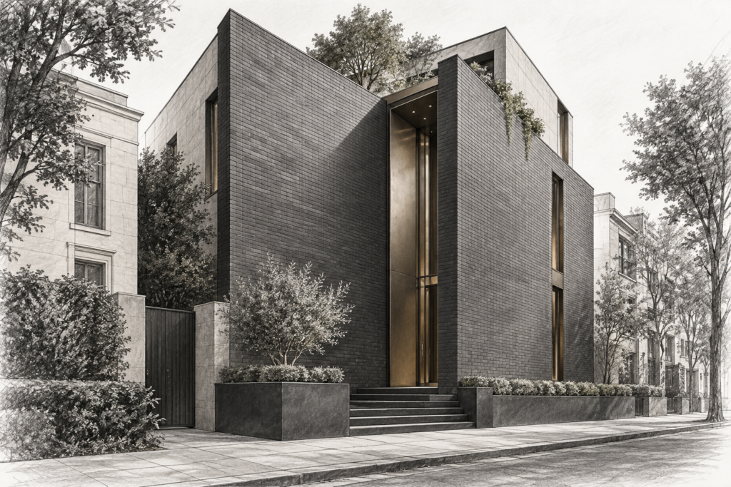 Luxury Real Estate Financial Accountability: Discipline That Scales 1 Residence with folded brick facade, recessed roof garden, entry slit and stoop view.