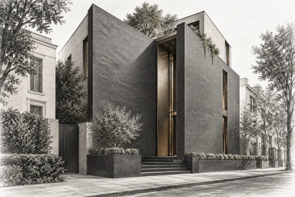Residence with folded brick facade, recessed roof garden, entry slit and stoop view.