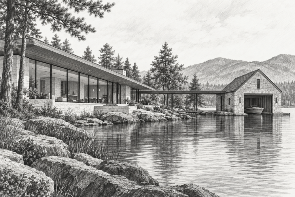 Luxury Real Estate Referral Strategies That Scale Without The Awkward Ask 1 Lake residence with a long glazed wing, stone boathouse, and bridge.