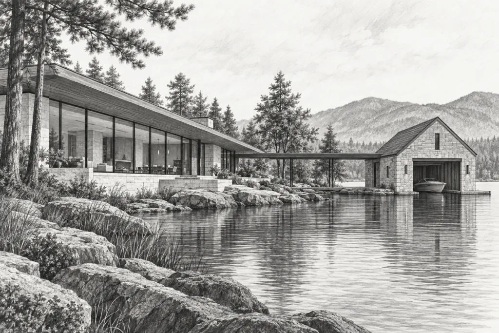 Lake residence with a long glazed wing, stone boathouse, and bridge.