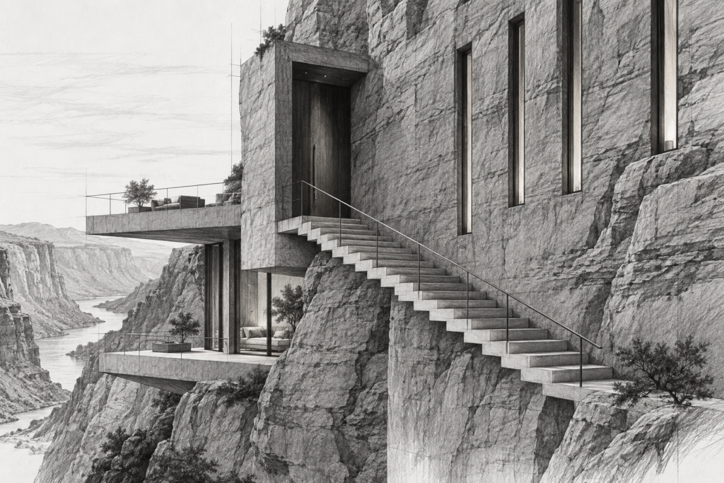 Canyon residence carved into a terraced rock face with slot windows, suspended stair and shadowed entry.