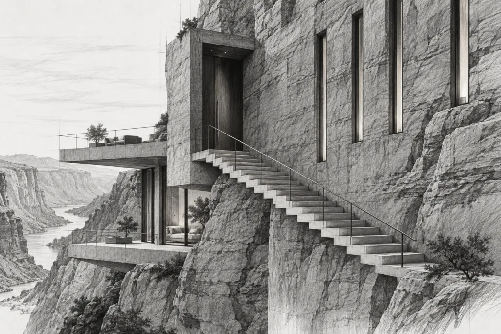 Canyon residence carved into a terraced rock face with slot windows, suspended stair and shadowed entry.