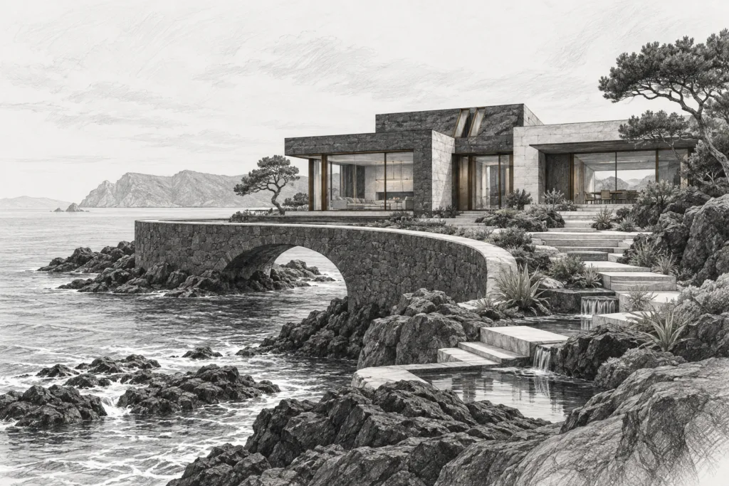 Luxury Real Estate Deal Flow Automation: The Operator’s Blueprint 1 Residence with arched seawall, twin roof slots, stepped tide garden and shore view.