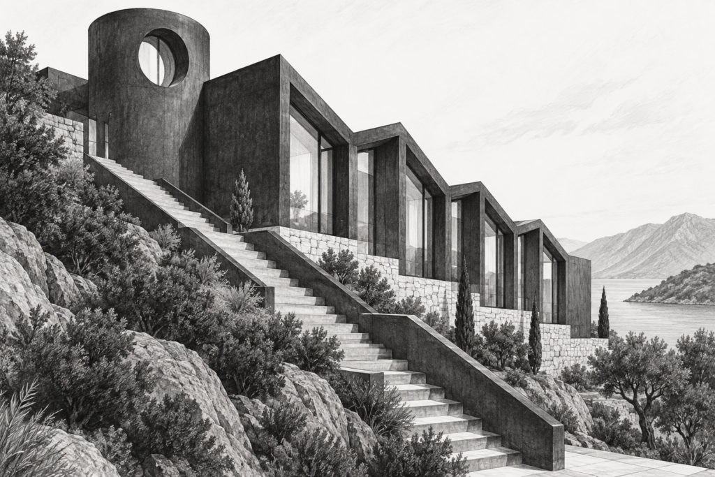 Gamification For Luxury Real Estate Teams: Elite Kpi Playbook 1 Residence with a zigzag roof, circular oculus tower, and exterior stair.