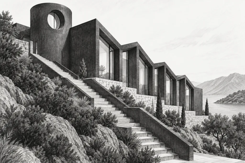 Residence with a zigzag roof, circular oculus tower, and exterior stair.